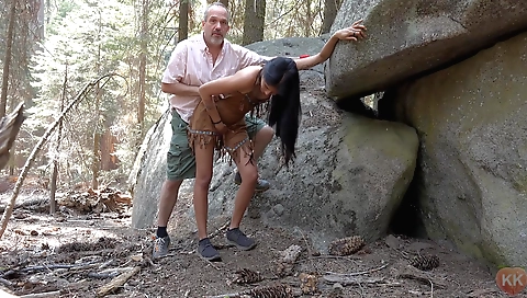 Brunette teen with a big ass is having sex with a guy