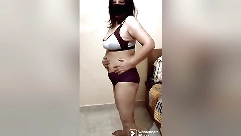 Busty brunette with big tits dances and sucks her cock