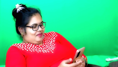 Busty milf in red dress and glasses finger and rub her cunt