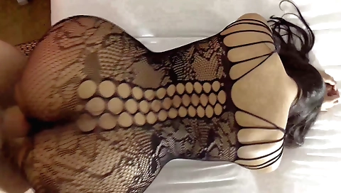 Amateur brunette with a hairy pussy riding on a big cock