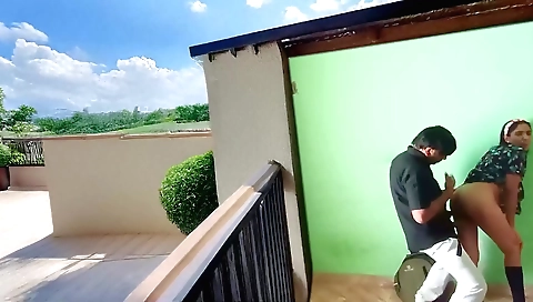 Indian brunette enjoys hot intercourse on outdoor terrace