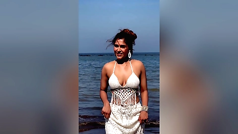 Red-haired stepdaughter in a dress caught by her stepdad