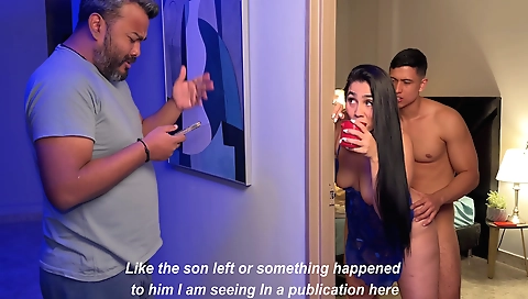 Big-assed brunette stepsmom and stepson share a bed